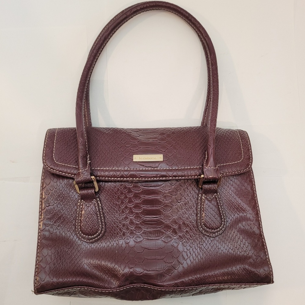 Vtg Liz Claiborne Handbag Women Burgundy Faux Snakeskin Embossed Organizer‎ Bag